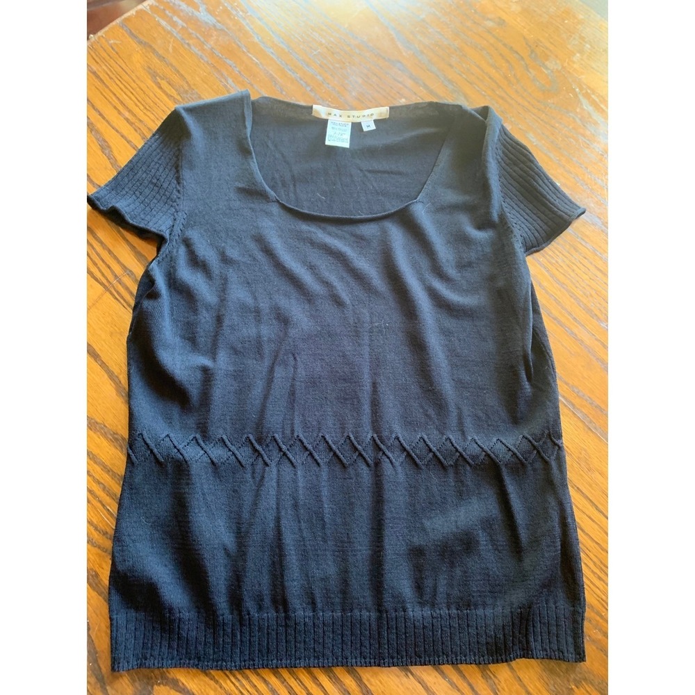 Max Studio Black Short Sleeve Pointelle Knit Top Scoop Neck Med